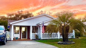 A single-story house with a porch, an American flag, and a palm tree in the front yard.