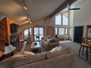 Smart TV, fireplace, books