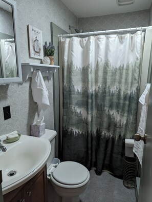 Shower, hair dryer, towels, soap