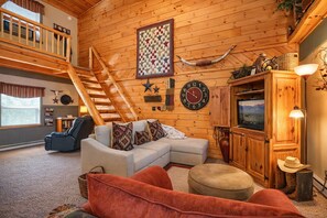 Televisie, een open haard, een dvd-speler en boeken