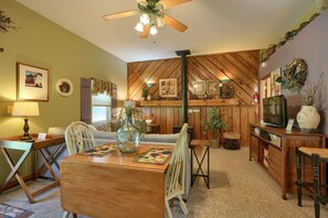 TV, fireplace, DVD player, books - Carp's Cabin: 2 bedroom budget-friendly, modern farmhouse w/ hot tub, NO WIFI (Logan)