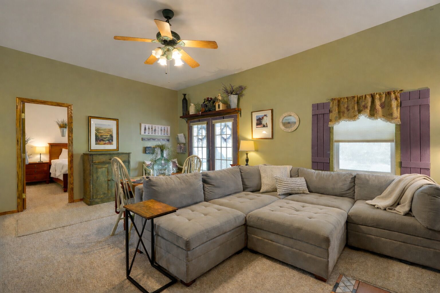 Fireplace, DVD player, books, video library