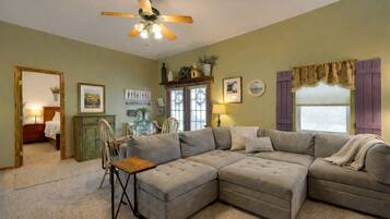 Fireplace, DVD player, books, video library