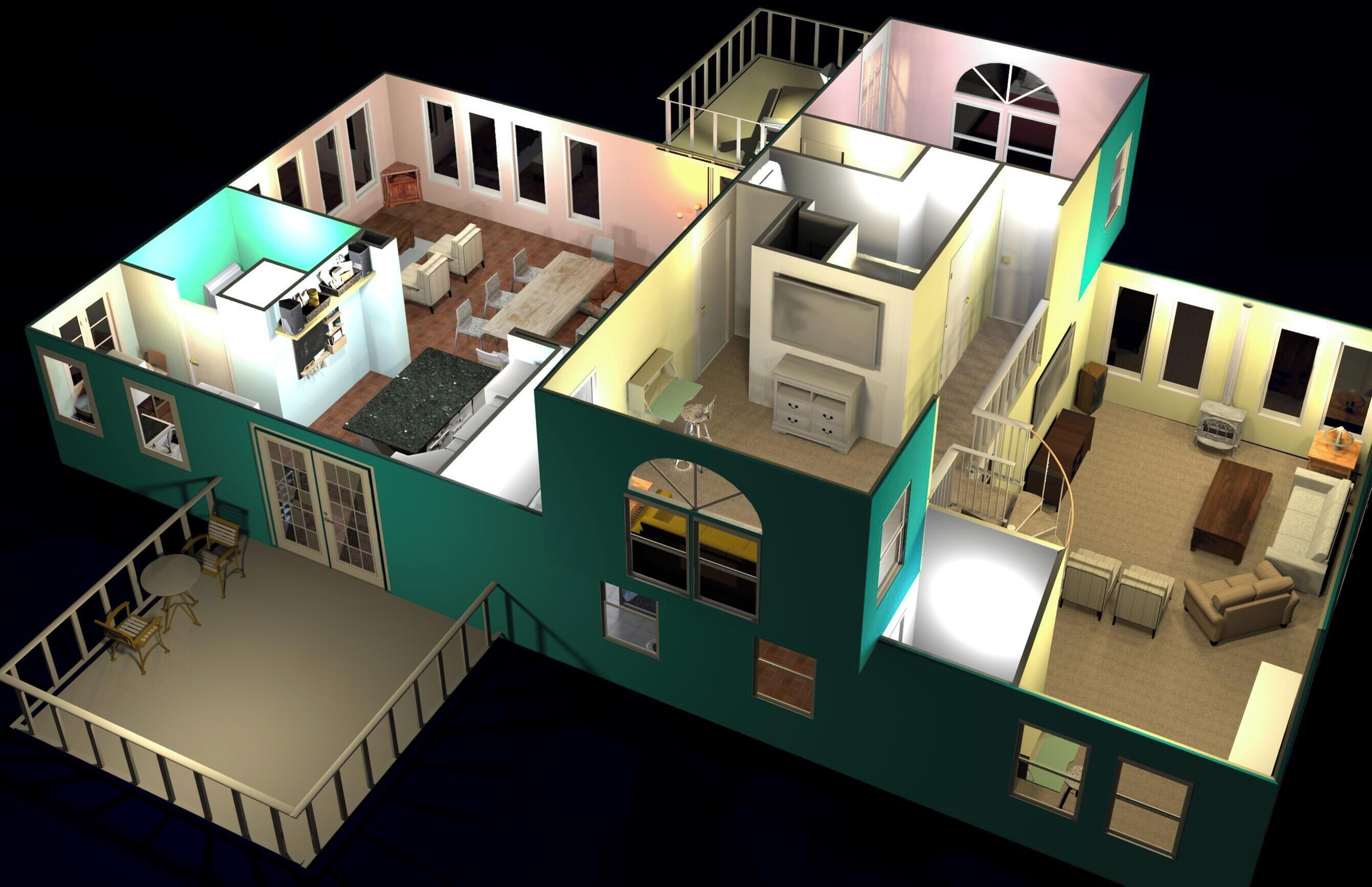 Een 3D-model van een meerlaags huis met keuken, eetruimte, woonkamer en twee slaapkamers.
