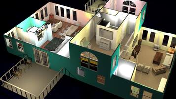 Een 3D-model van een meerlaags huis met keuken, eetruimte, woonkamer en twee slaapkamers.