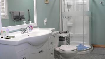Shower, hair dryer, towels, soap