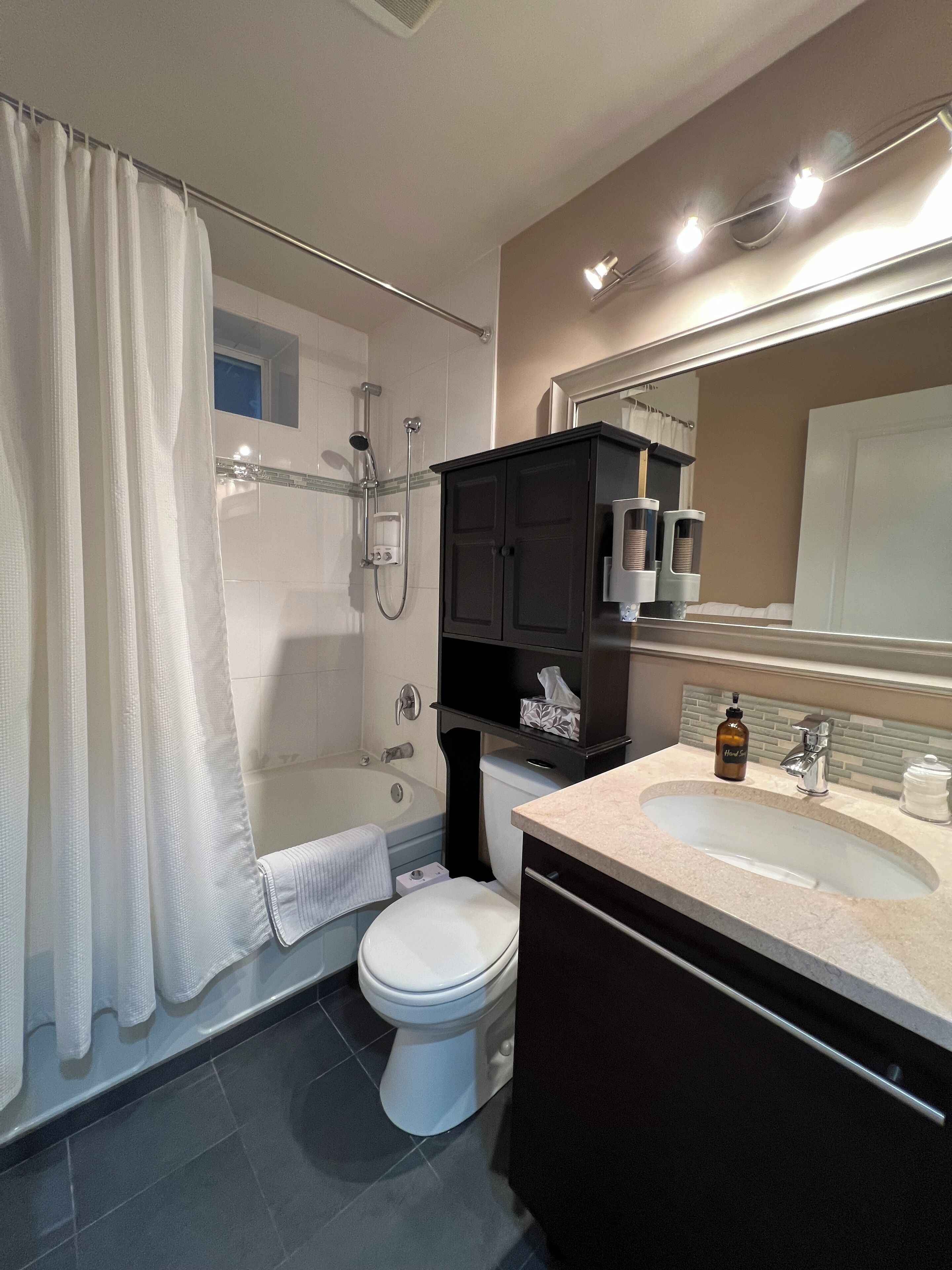 Hair dryer, bidet, towels, soap