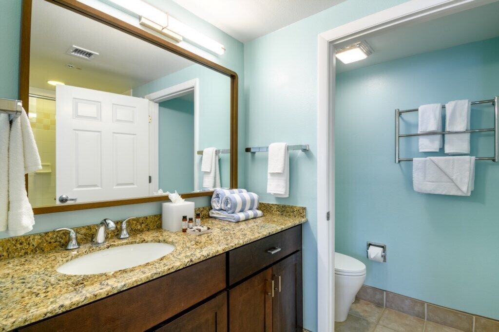 Un baño con lavamanos de encimera de granito, un espejo grande, un inodoro blanco y un perchero en la pared.