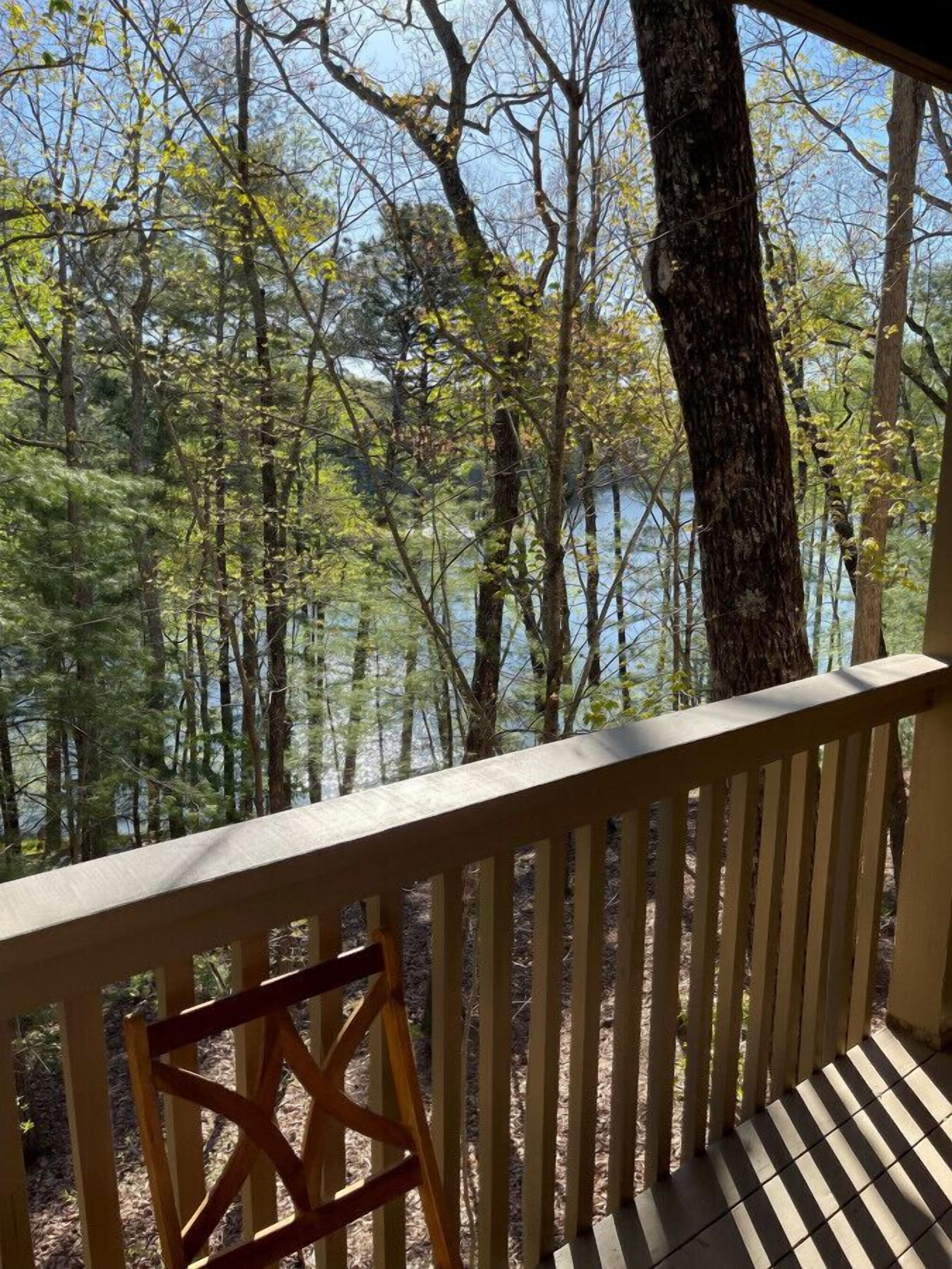A wooden deck with a view of a forest and a body of water.