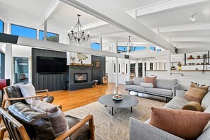 TV, fireplace, books