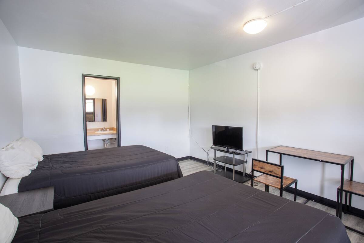 Une chambre d’hôtel avec deux lits, un bureau, une chaise, une télévision et un miroir.