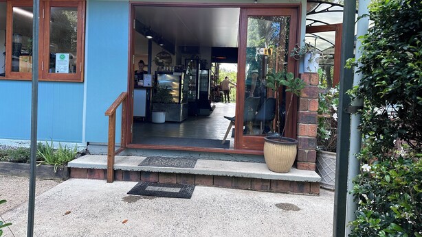 A building entrance with a glass door, a welcome mat, and a potted plant.