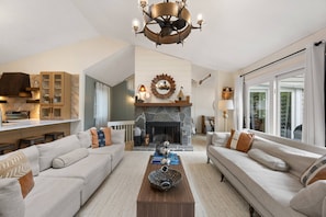 Smart TV, fireplace, books