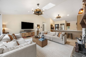 Smart TV, fireplace, books