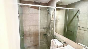 Shower, hair dryer, bidet, towels