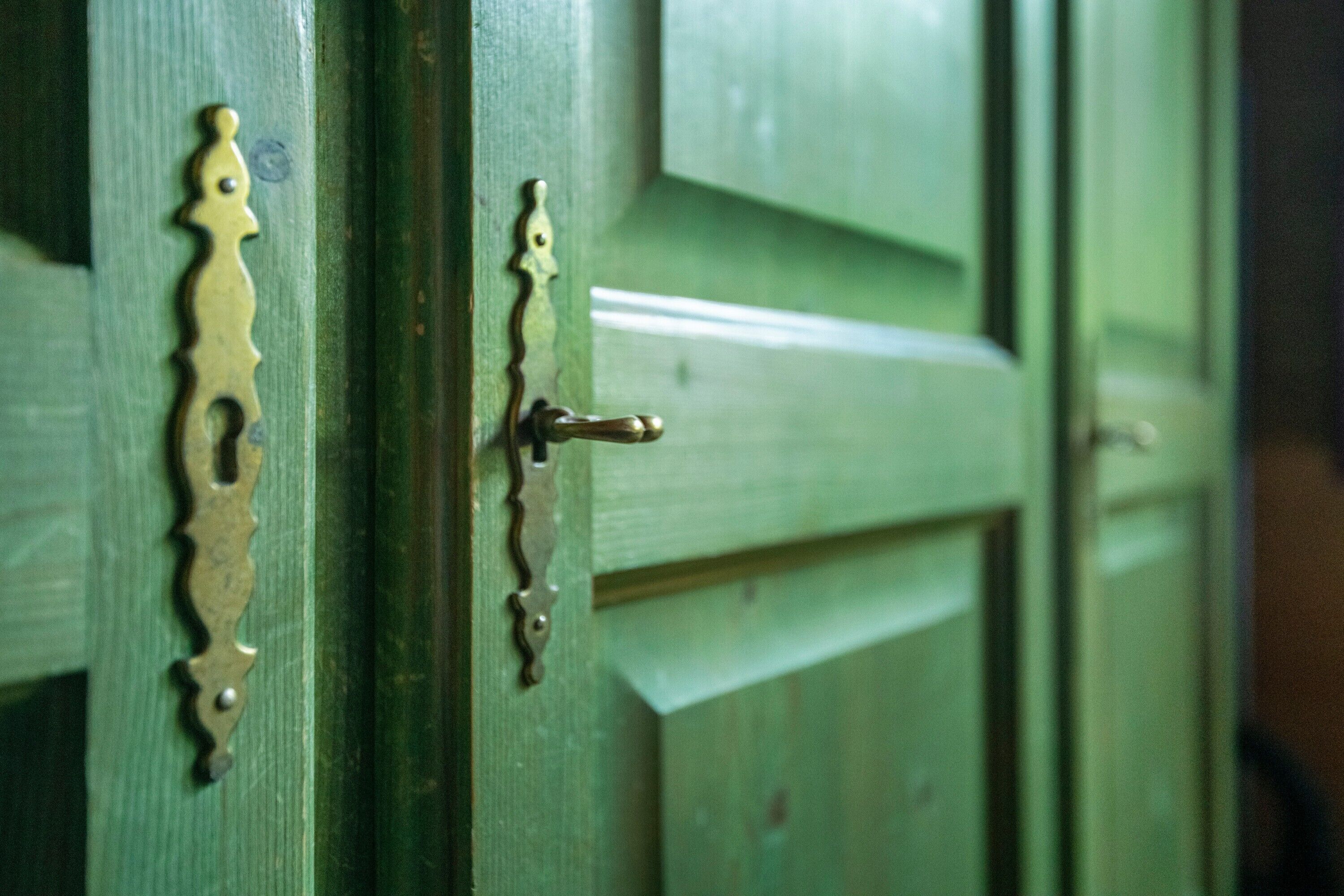 A green door with a brass handle and a decorative brass plate.
