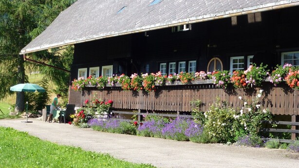 Un edificio con techo inclinado, balcón de madera con macetas de flores y un área pavimentada con mesas al aire libre.