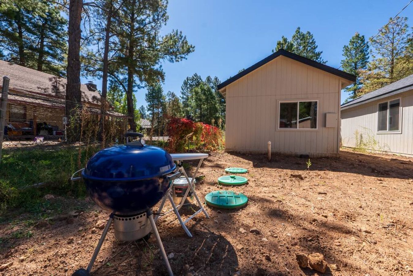 Un jardin avec un barbecue, un abri de jardin et une petite maison.