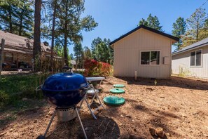 Un patio trasero con una parrilla, un cobertizo y una casa pequeña.