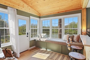 Smart TV, fireplace, books
