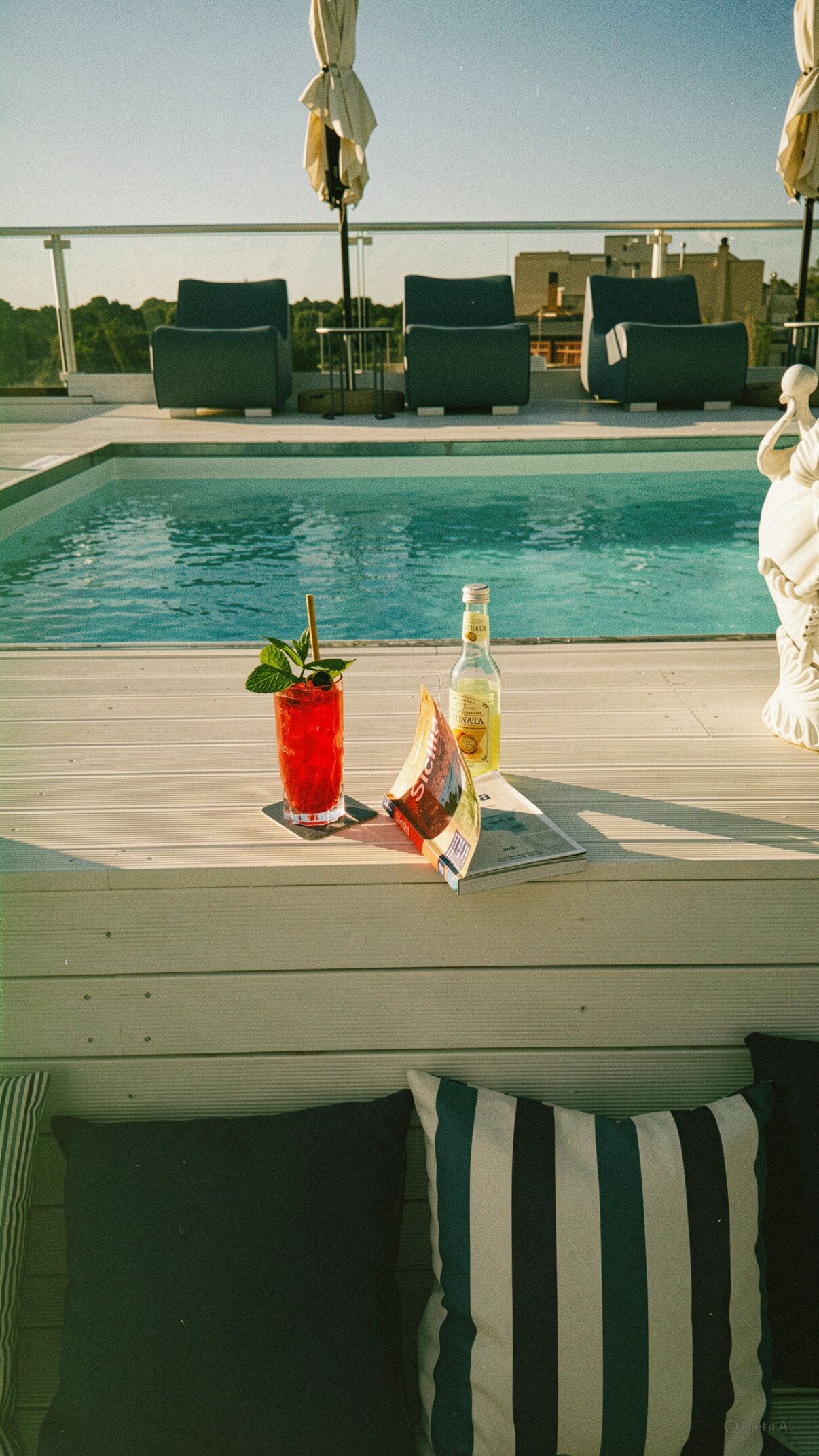 A poolside area with lounge chairs, a drink, and a bottle of liquor.