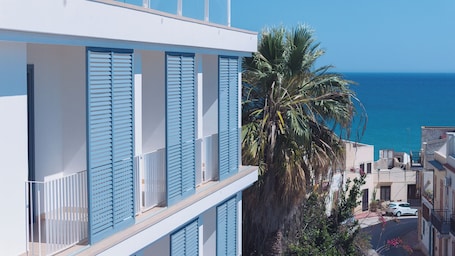A coastal building with blue shutters, a palm tree, and a view of the sea.