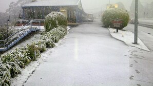 Un edificio con techo nevado y un letrero que indica servicio al cliente disponible las 24 horas.