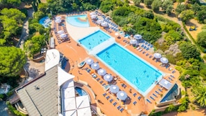 Luchtbeeld van een resort met een groot rechthoekig zwembad, omringd door ligbedden en parasols, met weelderige begroeiing en bomen op de achtergrond.