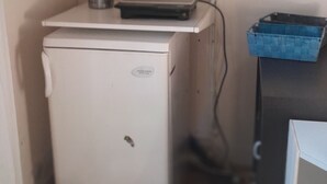 Une cuisine compacte équipée d’un réfrigérateur, d’un four à micro-ondes et d’un petit four. Une étagère se trouve au-dessus du four et contient des ustensiles de cuisine et un petit récipient. Un panier bleu est posé sur une table, à droite.