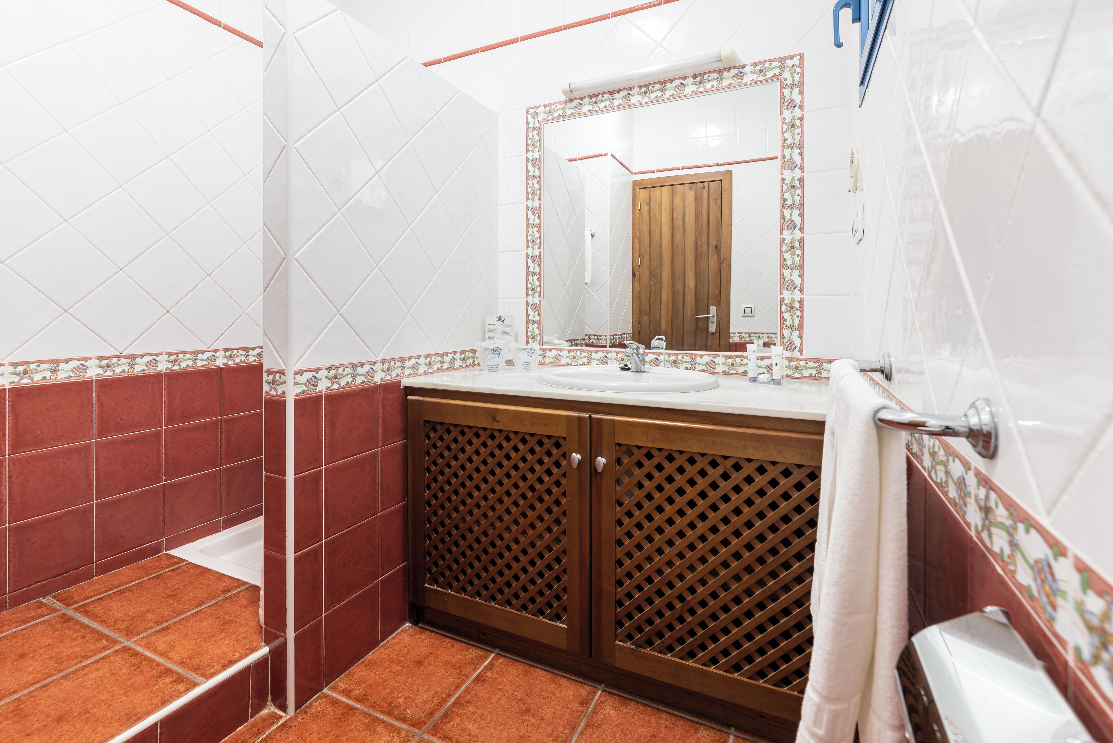 Un baño con lavabo, espejo y ducha.