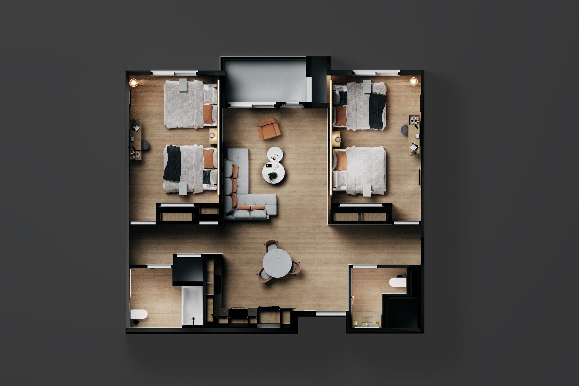 A hotel layout with four bedrooms, a living room, a dining area, and a kitchen.