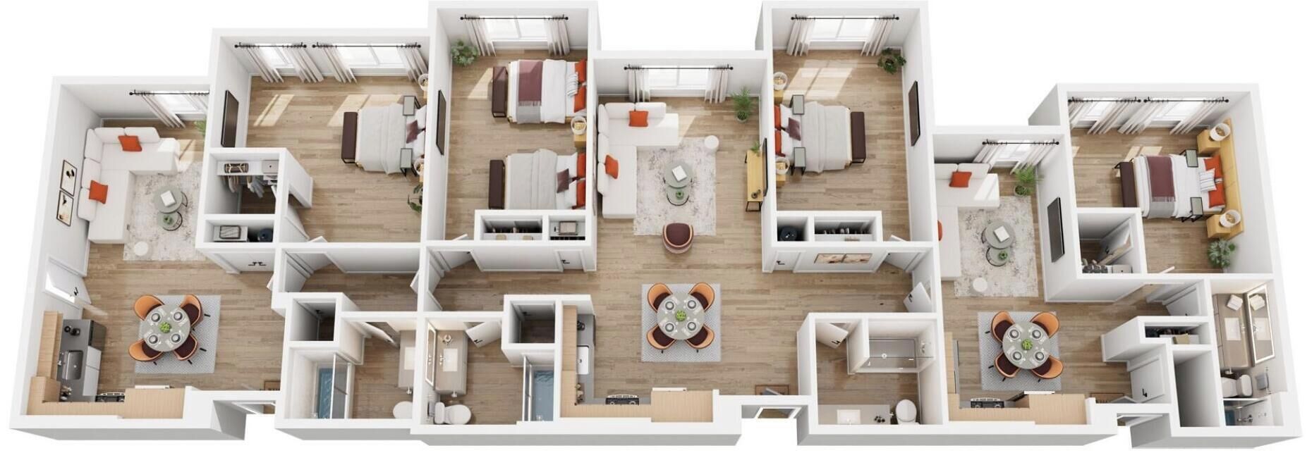 Ein Grundriss einer modernen Wohnung mit Wohnzimmer, Küche, Essbereich, zwei Schlafzimmern und einem Badezimmer.