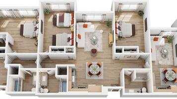 Ein Grundriss einer modernen Wohnung mit Wohnzimmer, Küche, Essbereich, zwei Schlafzimmern und einem Badezimmer.