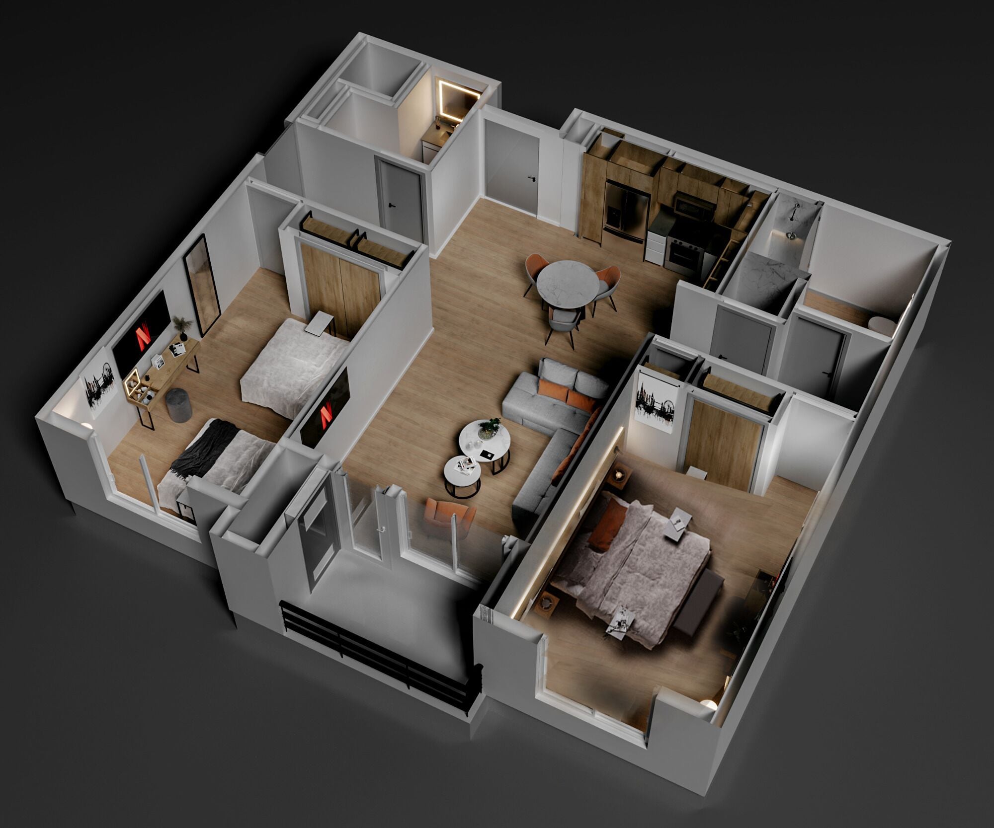 A 3D floor plan of a modern apartment with a living room, dining area, kitchen, and two bedrooms.