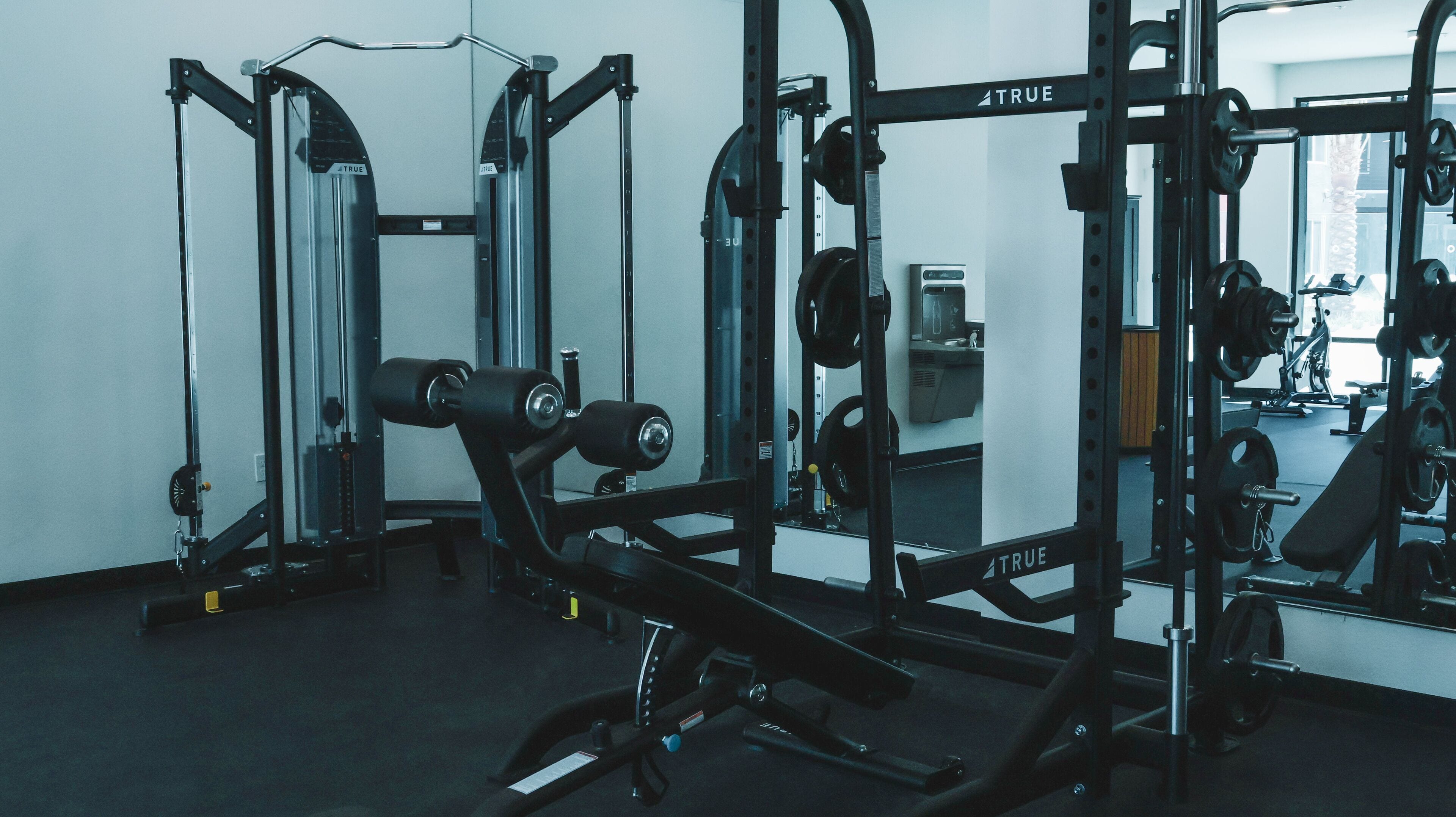 Ein Fitnessstudio mit verschiedenen Trainingsgeräten, darunter Kraftgeräte und Kurzhanteln.