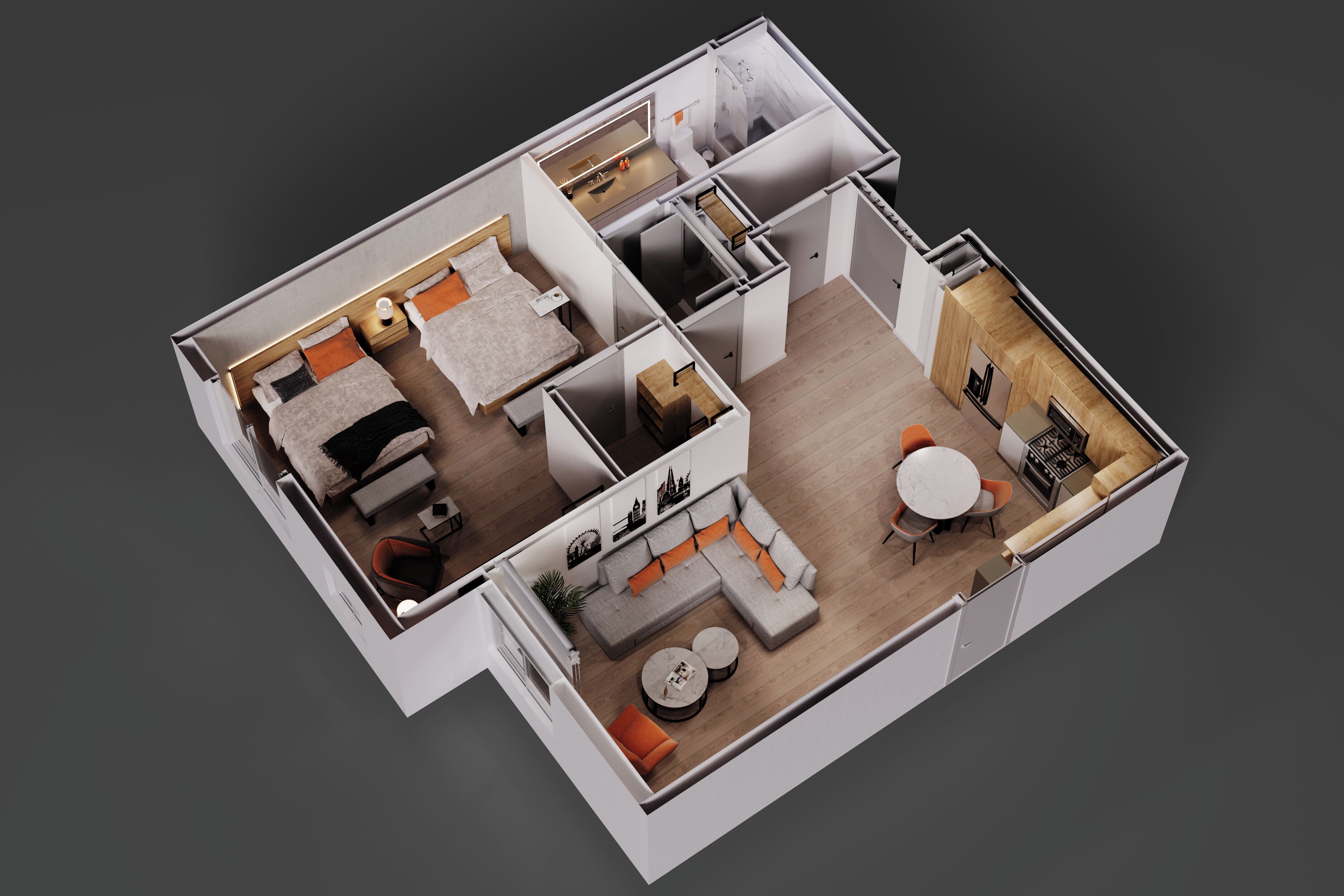A 3D floor plan of a modern apartment with a living room, kitchen, dining area, and two bedrooms.