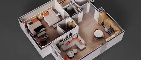 A 3D floor plan of a modern apartment with a living room, kitchen, dining area, and two bedrooms.
