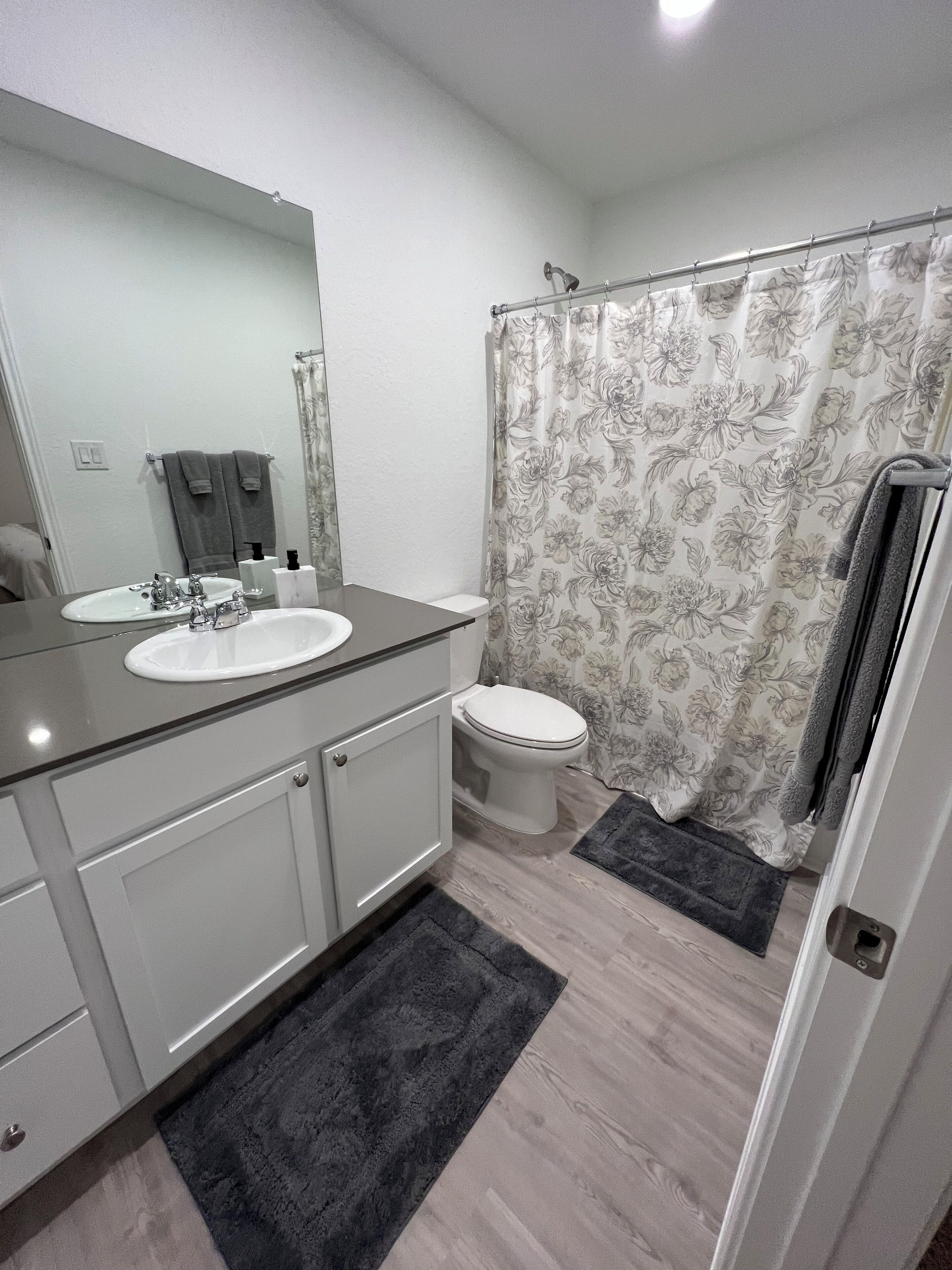 Une salle de bain avec un lavabo, des toilettes et un rideau de douche.