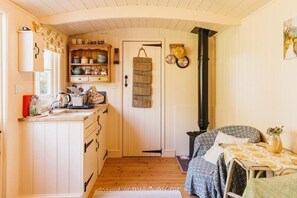 Fridge, microwave, electric kettle, toaster