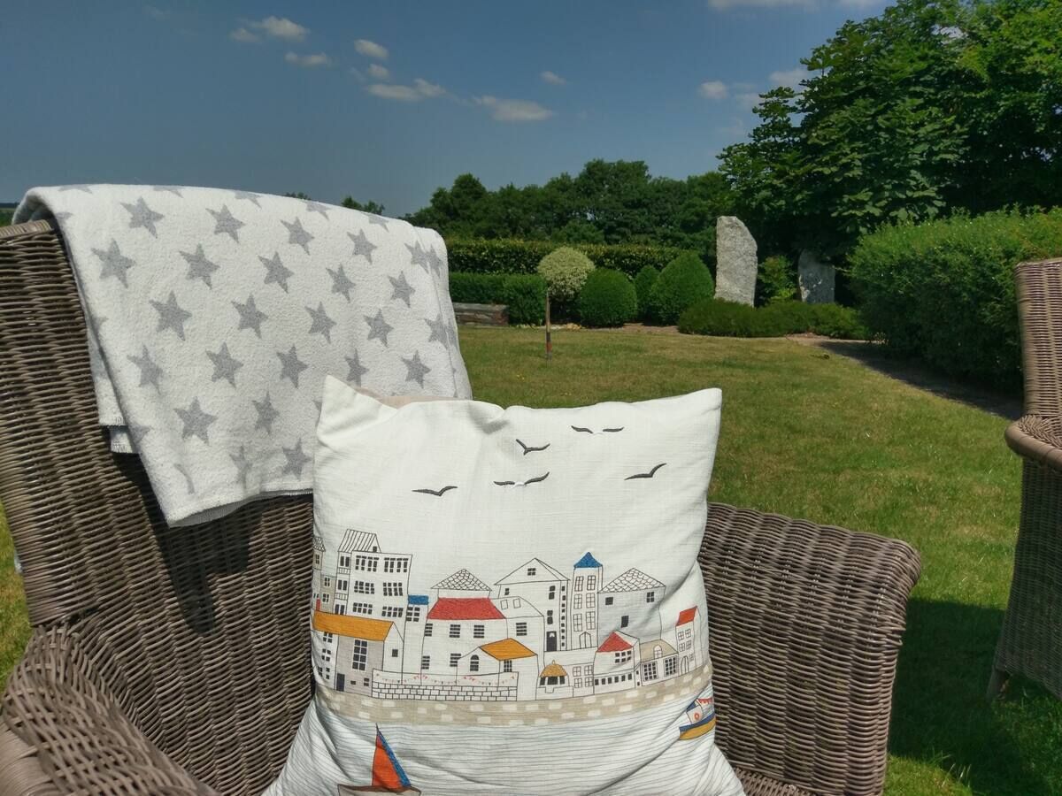 Een rieten stoel met een kussen met een stadsgezicht dessin.
