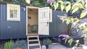 A small, rustic cabin with a wooden door open, revealing a cozy interior with a bed and a chair. There are potted plants and a ladder leading to the door.