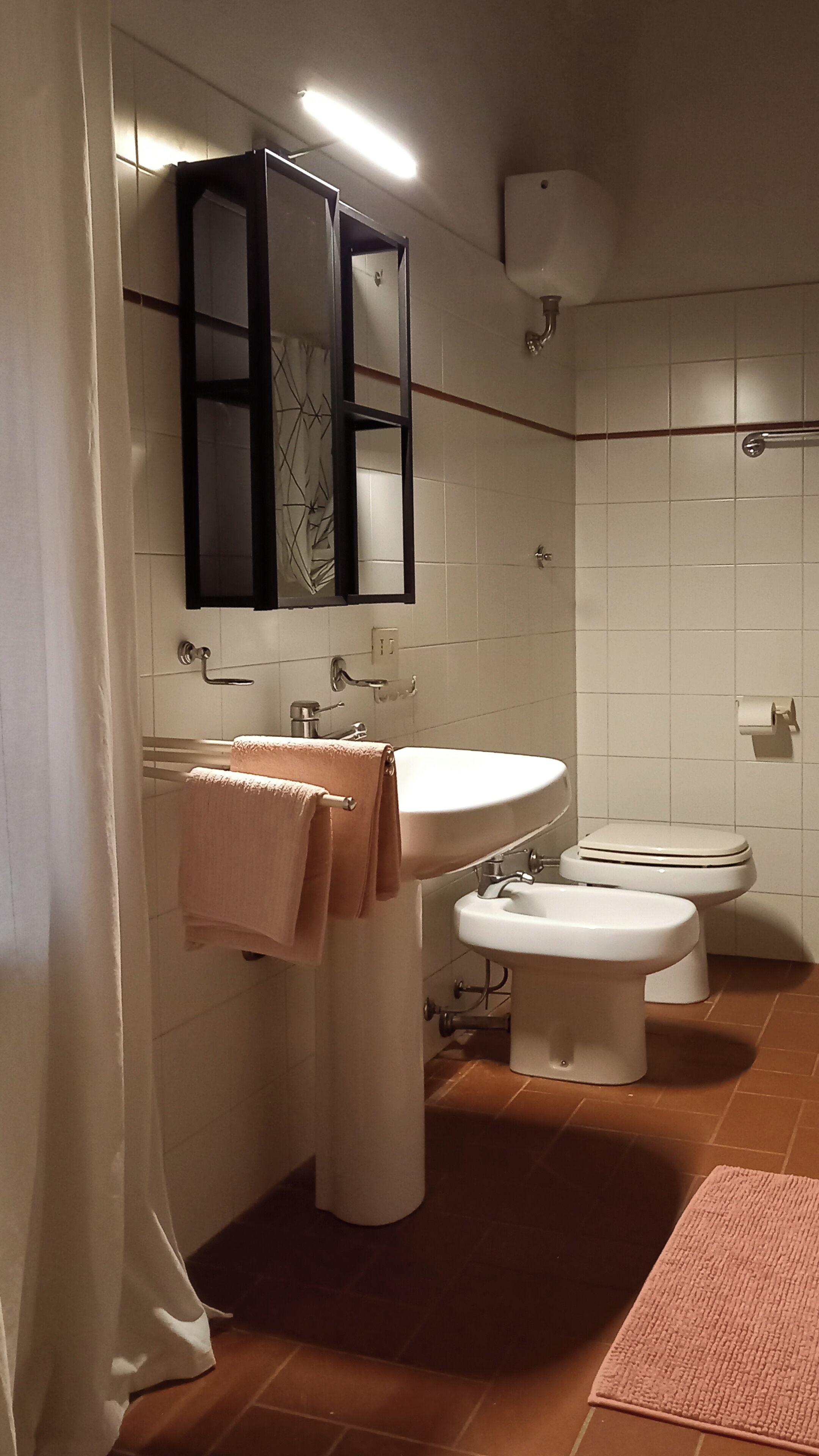 Casa de banho com uma pia branca, duas sanitas, um espelho e um porta-toalhas.