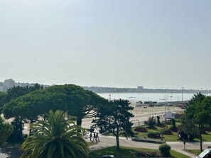 A coastal view with a promenade, trees, and a distant cityscape.