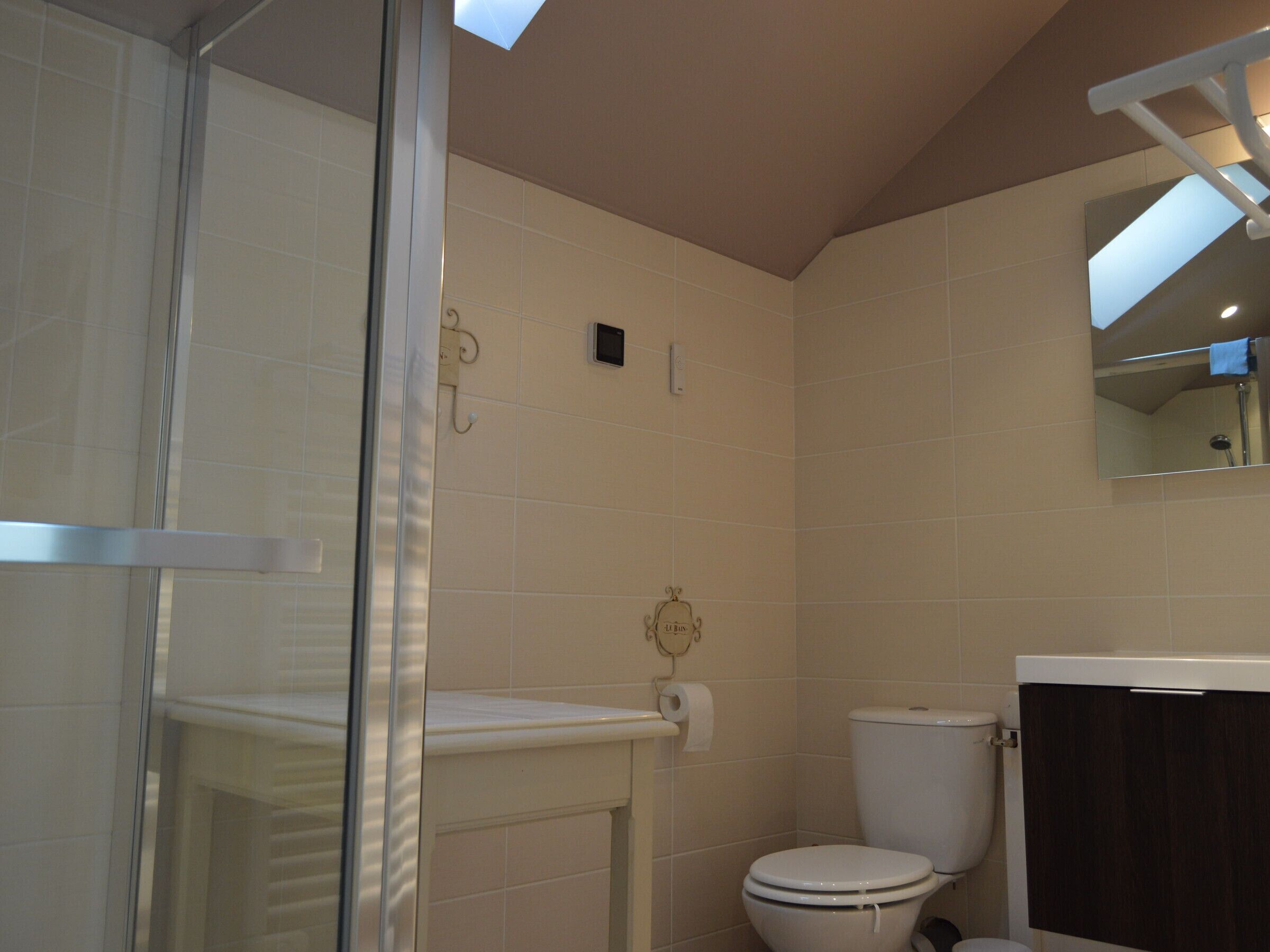 A bathroom with a glass shower enclosure, a toilet, and a dark wooden cabinet.