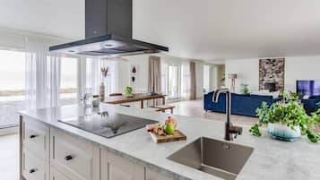 Villa | Private kitchen | Fridge, microwave, oven, stovetop