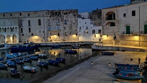 A marina with boats docked, a historic building with arches, and a dome structure under a night sky.