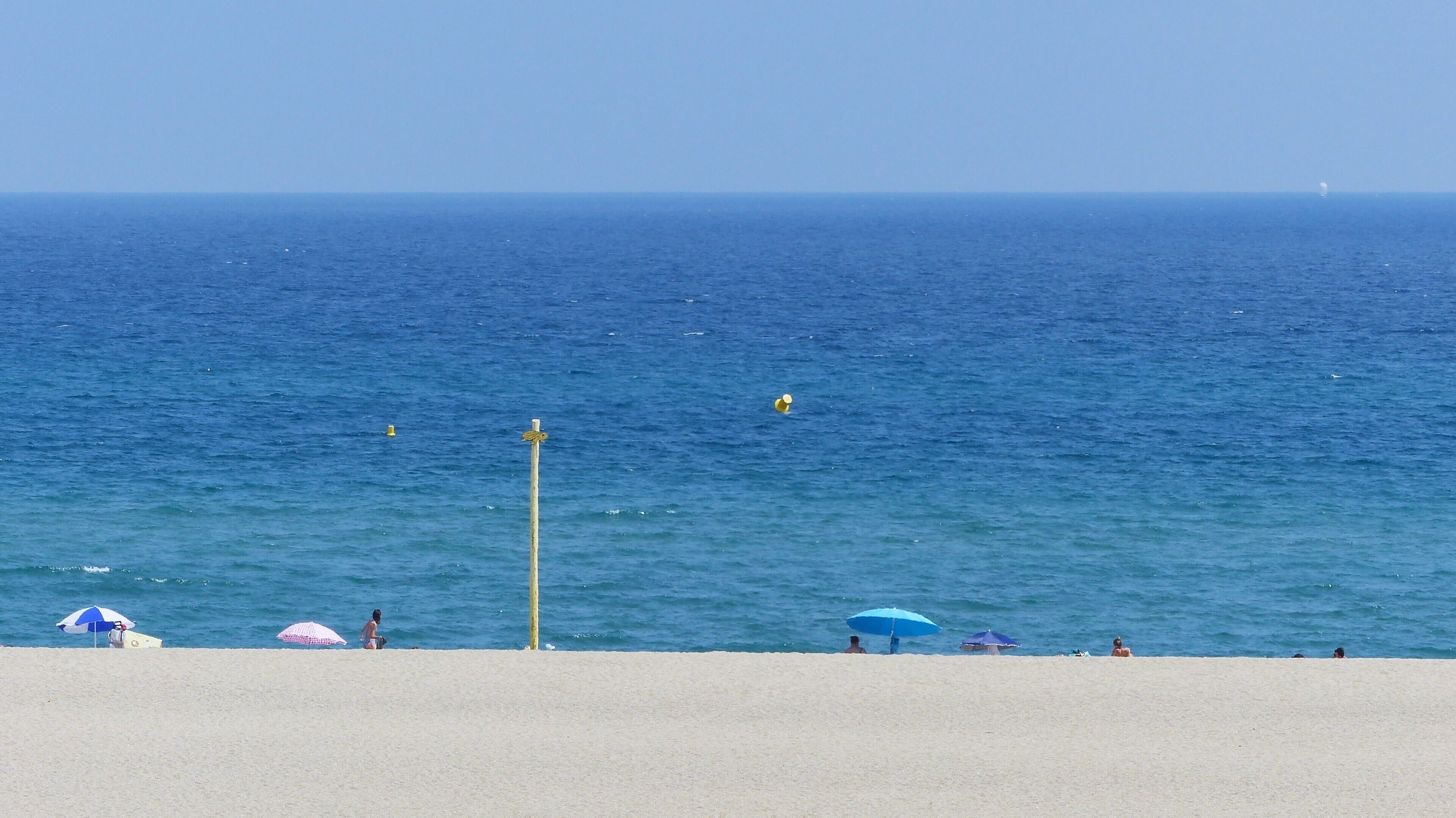 Une plage offrant une vue dégagée sur l’océan, un rivage sablonneux et quelques parasols.