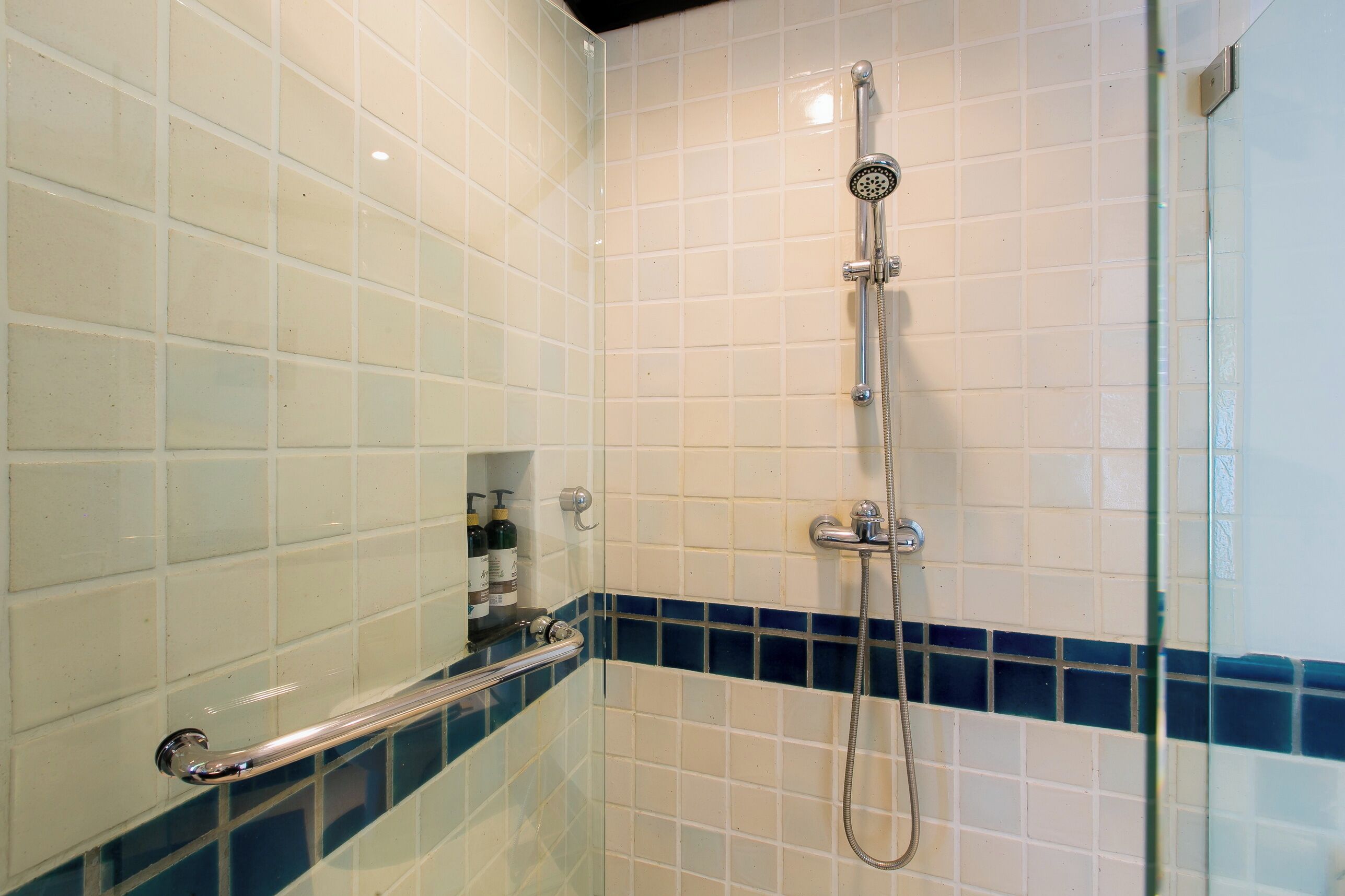 Une salle de bain avec des carreaux blancs et bleus, une cabine de douche en verre et une barre d’appui.