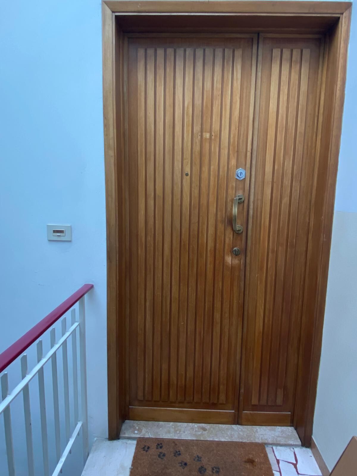 Una puerta de madera con un picaporte de metal y un ojo de buey, una barandilla blanca y un felpudo marrón con huellas de patas.