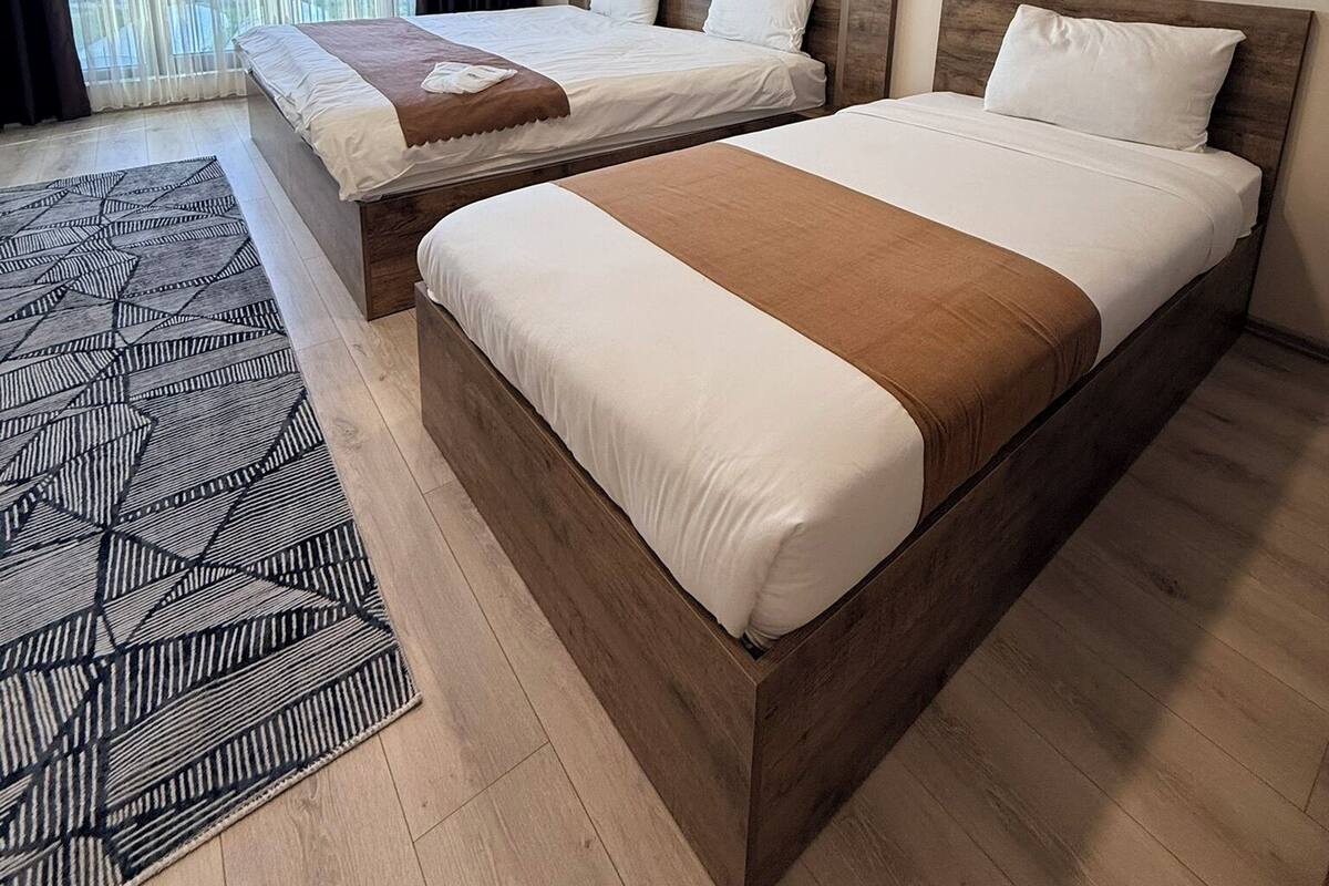 A hotel room with two beds, a patterned rug, and an air conditioning unit.